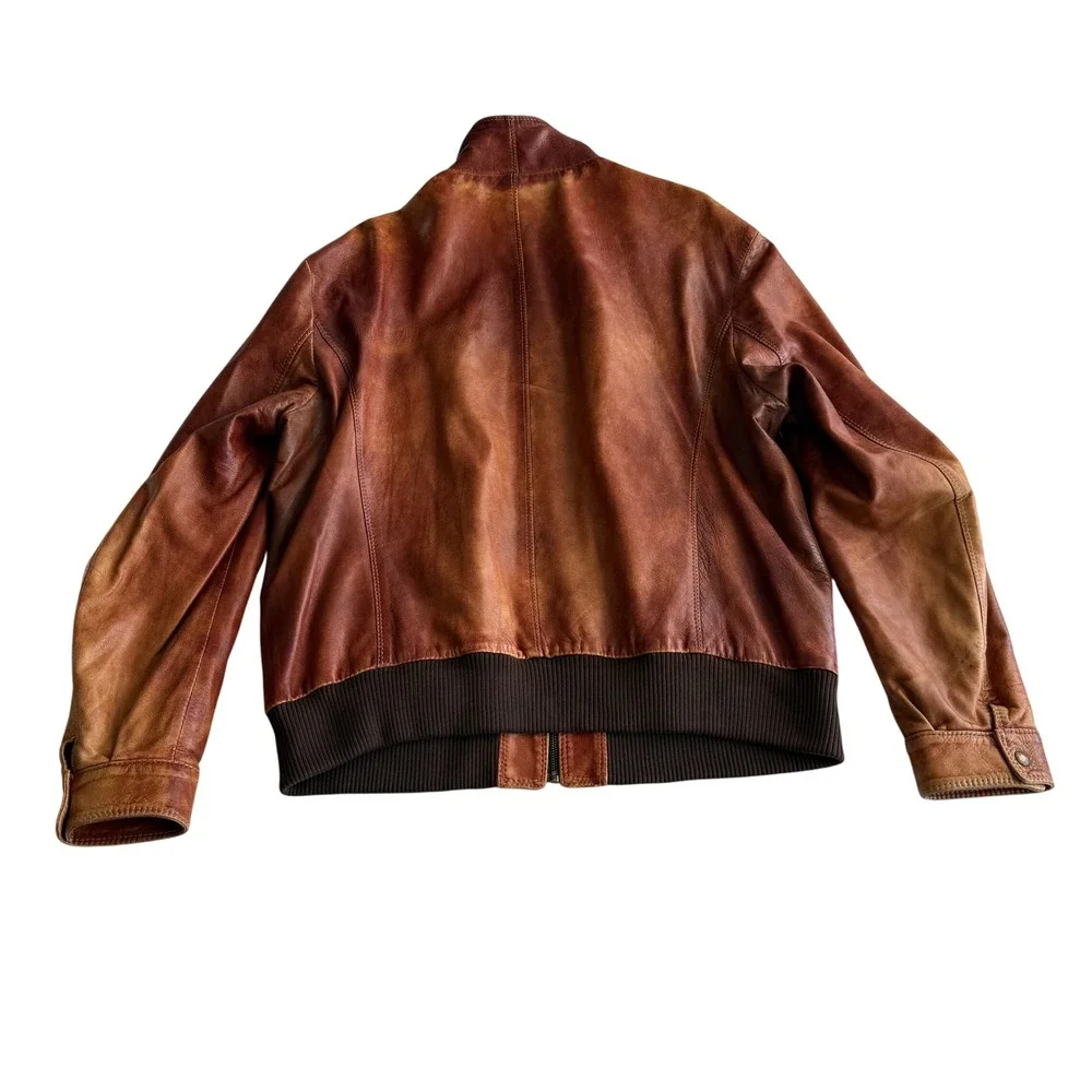 Peruzzi VTG Italian Distressed Leather‎ Cognac Brown Bomber Jacket IT 56 US XL